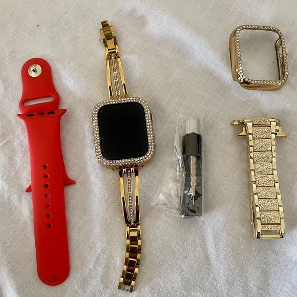 Apple Watch Other - Apple watch 8 45 mm. With Straps Rhinestones Gold & Solid Red Strap.